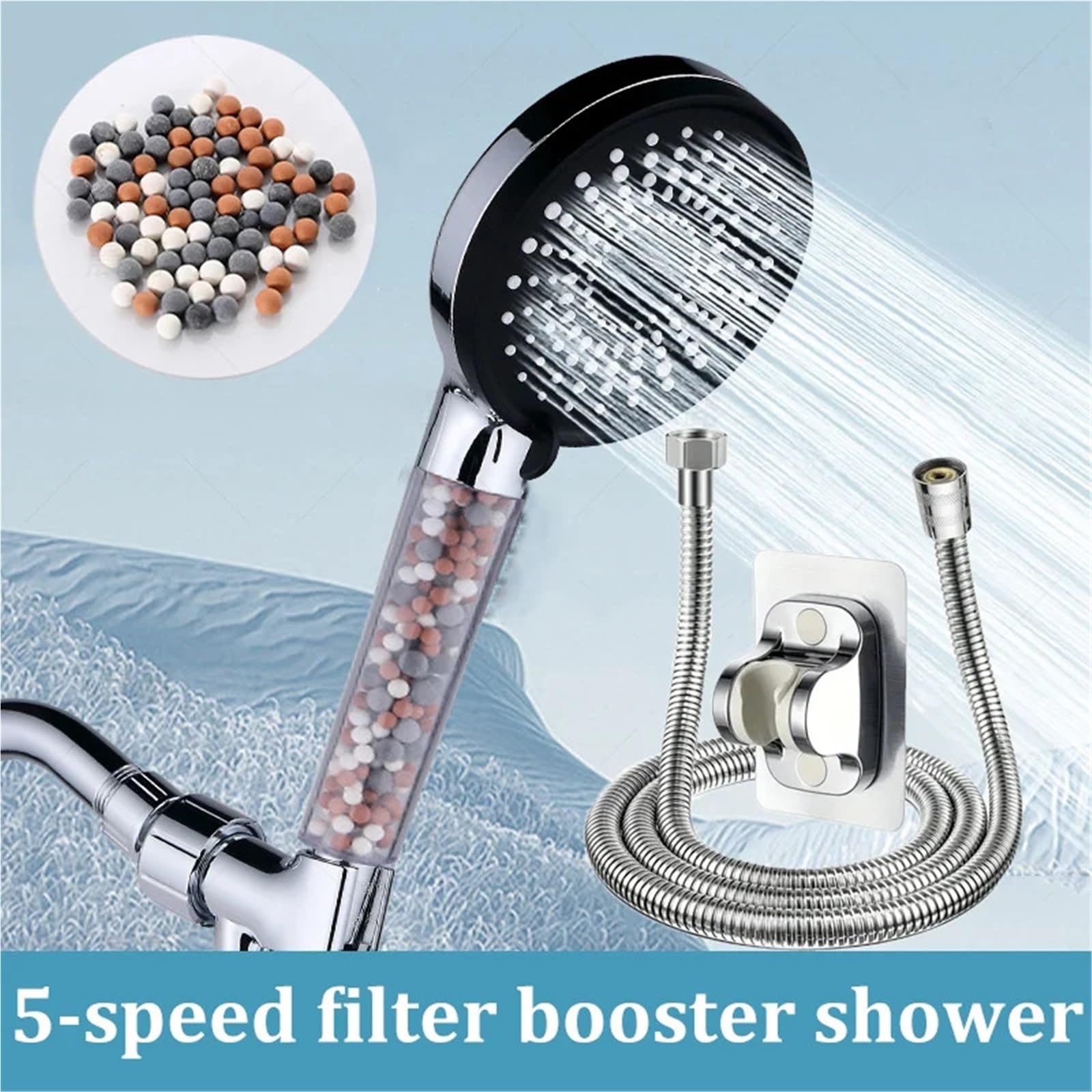 Alcachofa de ducha Bathroom Handheld 5-speed Adjustment Filter Booster Shower Head Hard Water Softening Set(Silver)