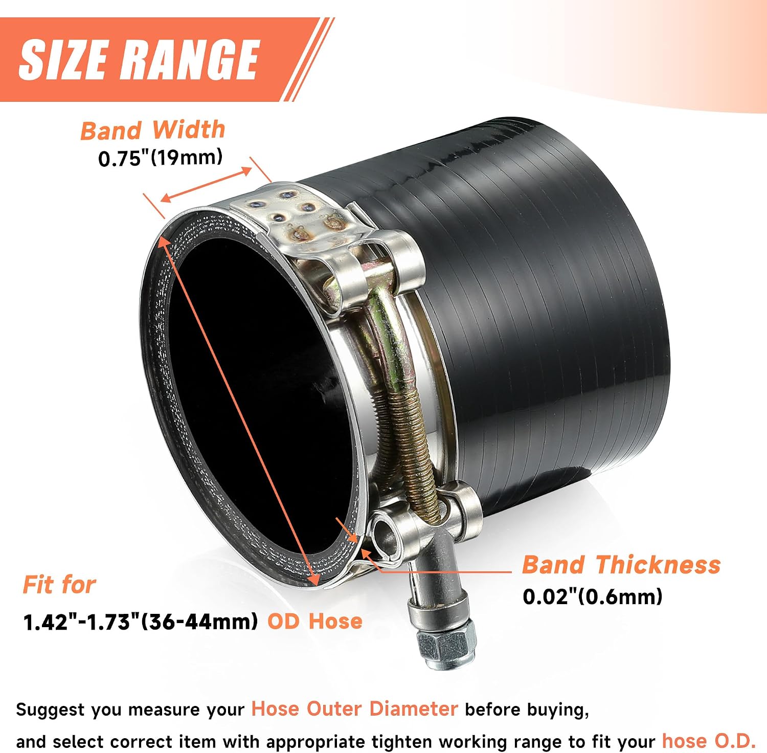 4 Pack 1.25" T-Bolt Hose Clamps, 304 Stainless Steel Turbo Intake Clamp, Working Range 1.42"-1.73"(36mm-44mm) for 1.25" I.D. Hose with 5mm Wall Thickness