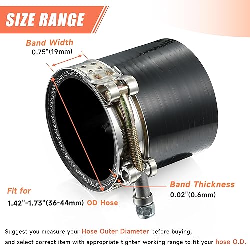 Miniatura 3 de 4 Pack 1.25" T-Bolt Hose Clamps, 304 Stainless Steel Turbo Intake Clamp, Working Range 1.42"-1.73"(36mm-44mm) for 1.25" I.D. Hose with 5mm Wall