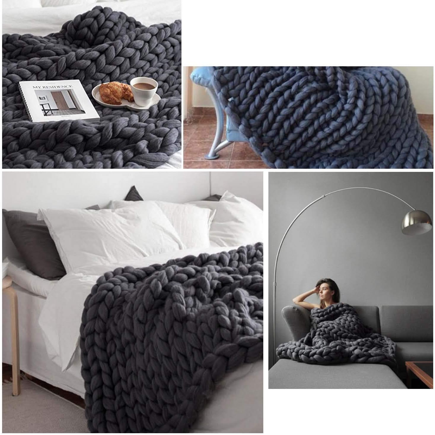 Chunky Knit Blanket Yarn Handmade Soft Bulky Arm Knitting Throw Super Large Bedroom Pet Bed Sofa Chair Home Decor Giant Yarn Loveseat Dark Grey 40"x60"