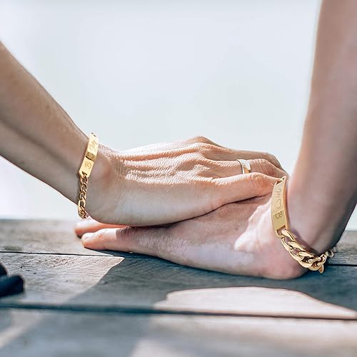 Miniatura 5 de Pulseras personalizadas chapadas en oro de 18 quilates para parejas, grabados personalizados, con nombre y identificación, juego a juego para