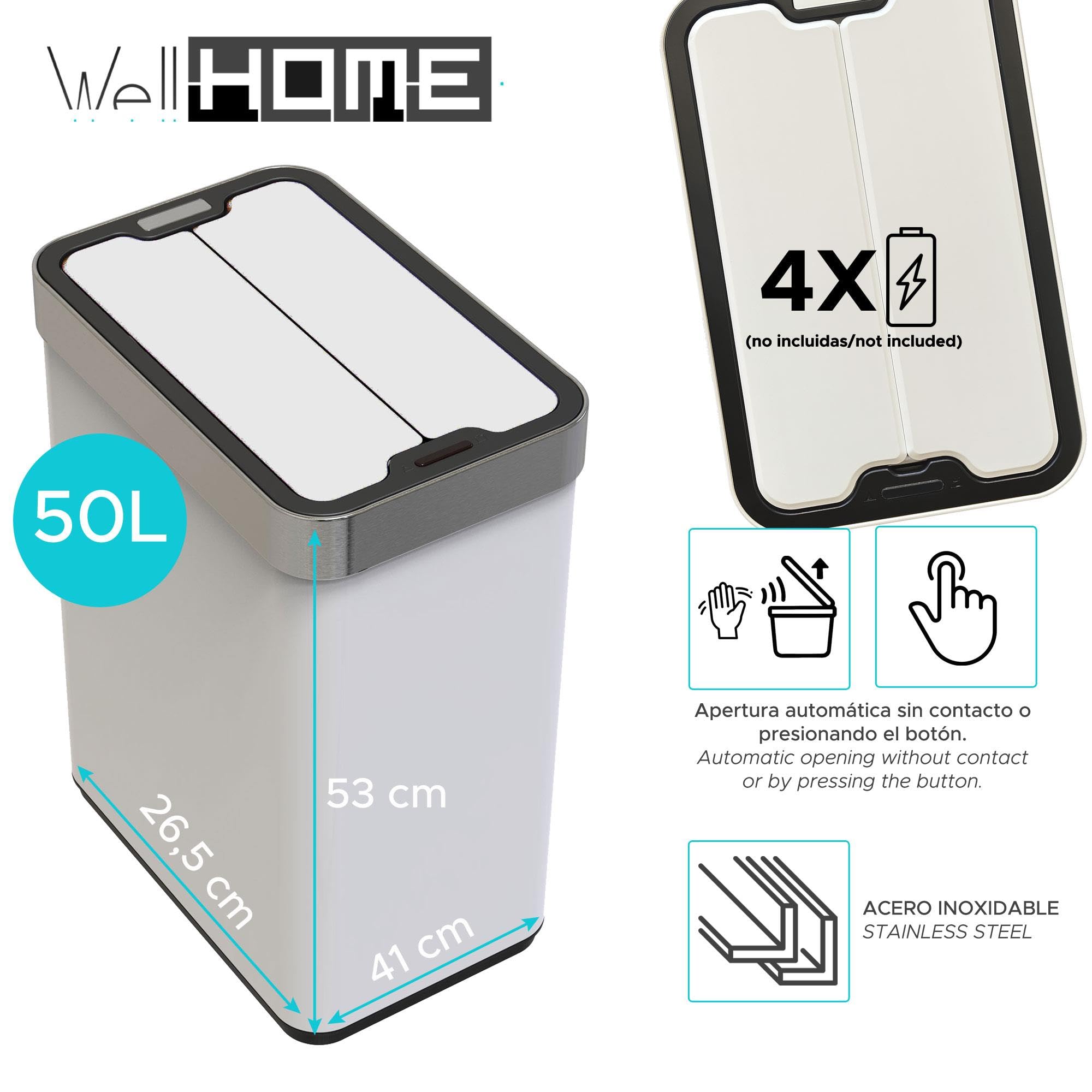 Cubo de Basura de 50L color Blanco en Acero inoxidable con Apertura de Alas y Sensor automático 53cm de altura