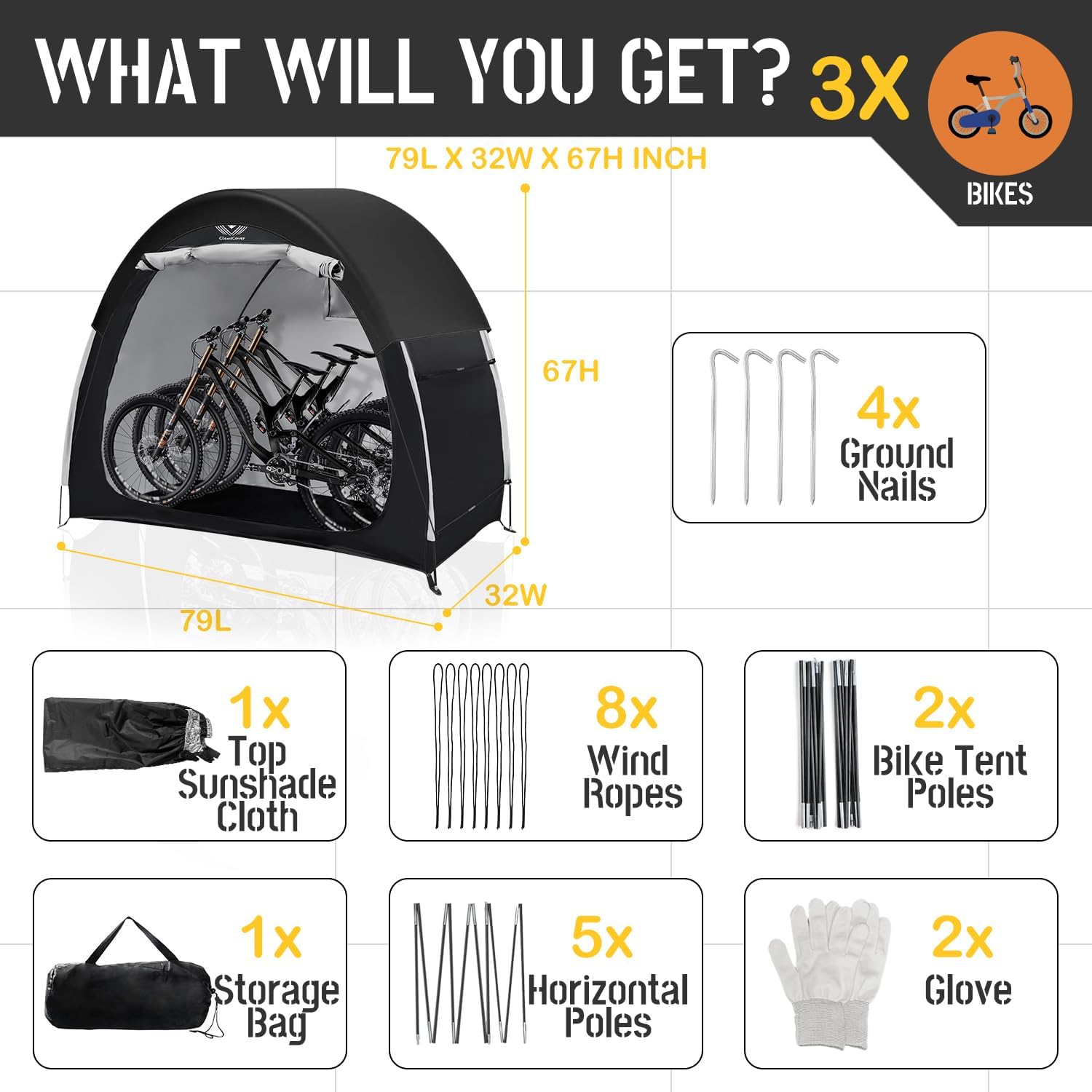 Bike Tent Outdoor Storage Shed, with Rain Cover,Waterproof Zipper,Waterproof Anti-UV 210D Oxford Fabric,Outside Bicycle Storage Shelter Fits for 2-3 Bikes,Motorcycle,Mower,Garden Tools,79"x32"x67"