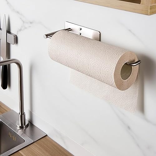 Miniatura 8 de YIGII Soporte de pared para toallas de papel negro, para debajo del gabinete, autoadhesivo, para cocina, acero inoxidable SUS-304