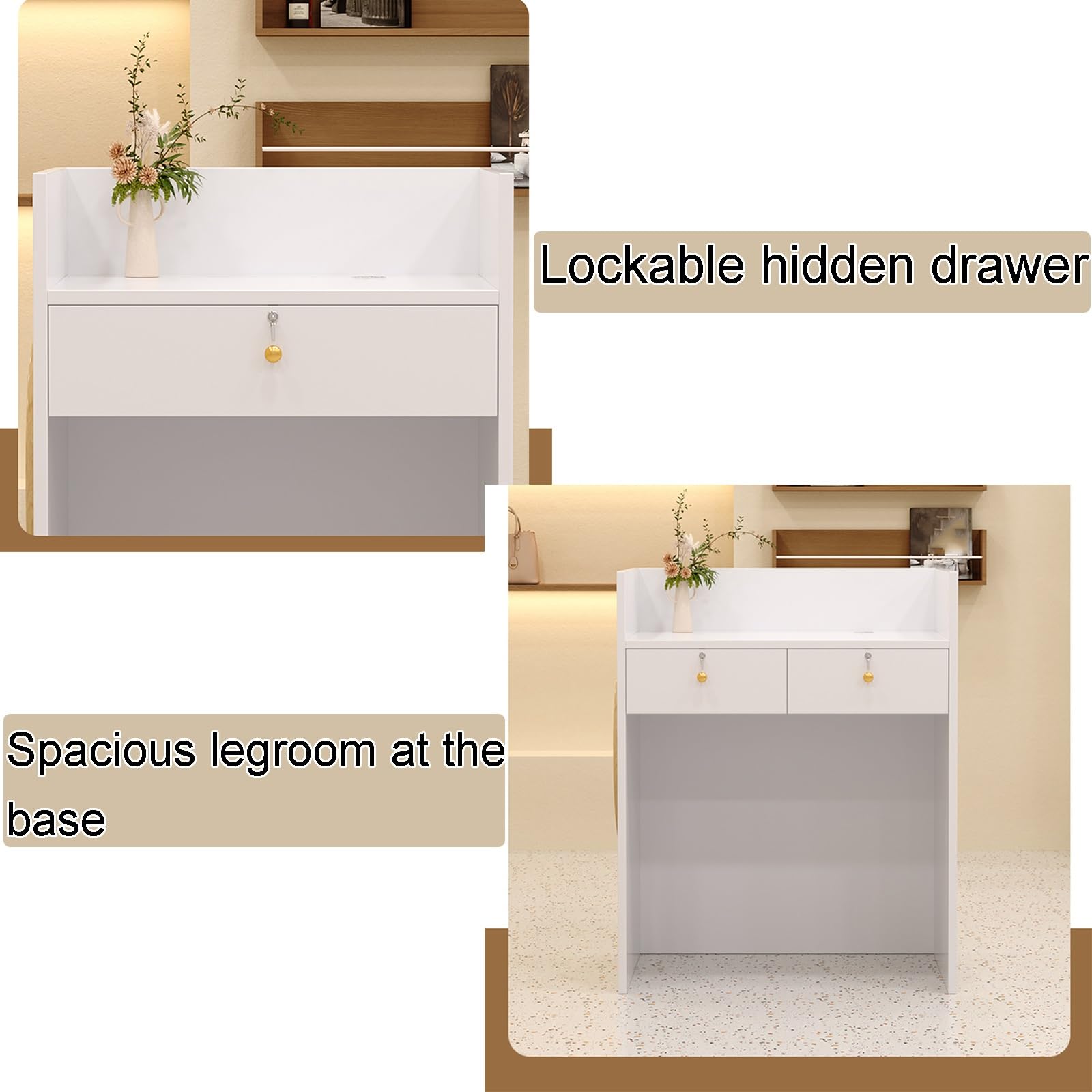 Bureau de réception modulaire pour magasins de vêtements et de fleurs, 90 cm de haut, panneau surélevé à trois côtés, tiroirs cachés avec serrure, design spacieux pour une nification optimale