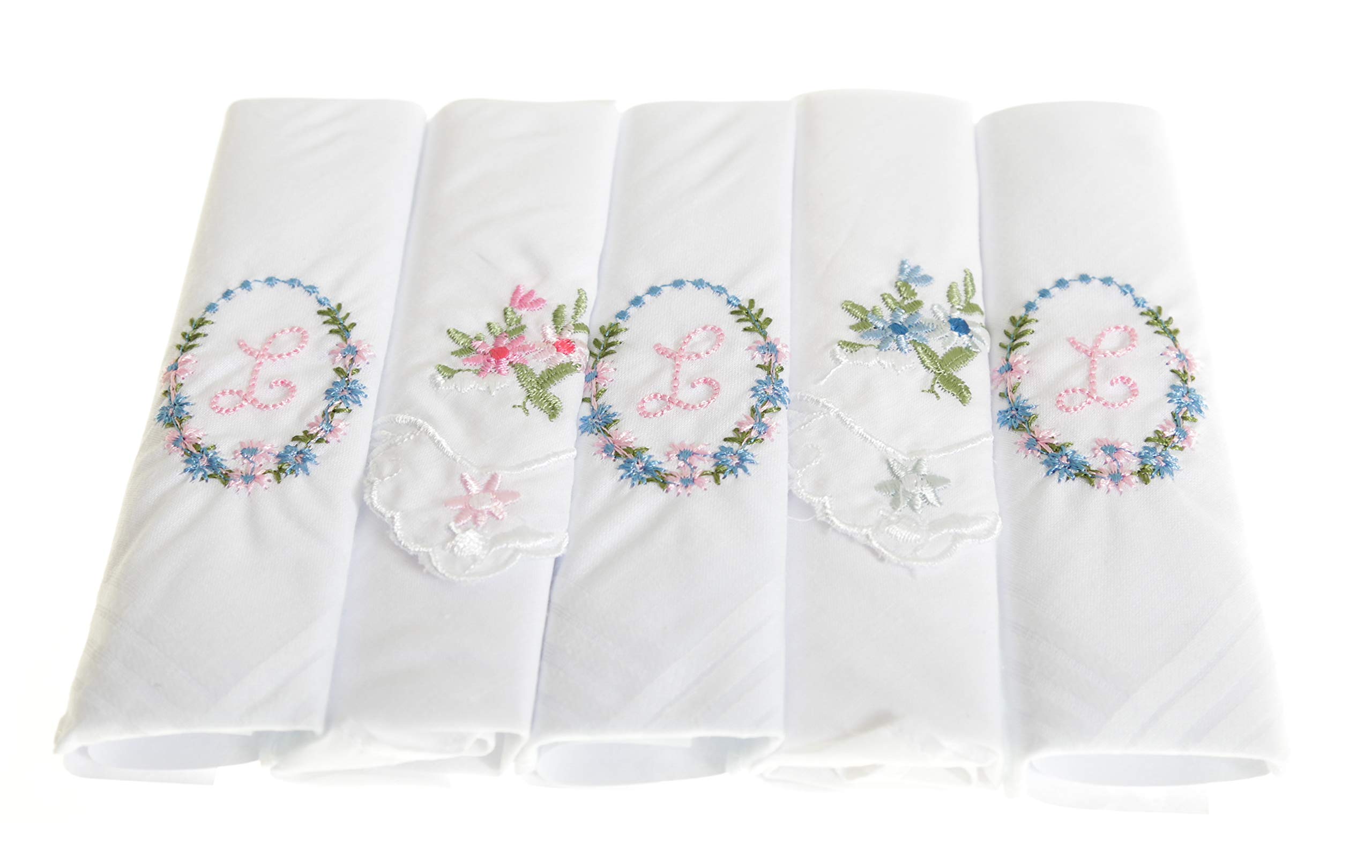 Lot de 5 mouchoirs blancs brodés avec initiales pour femme avec bordure en satin et motifs floraux assortis, différentes lettres