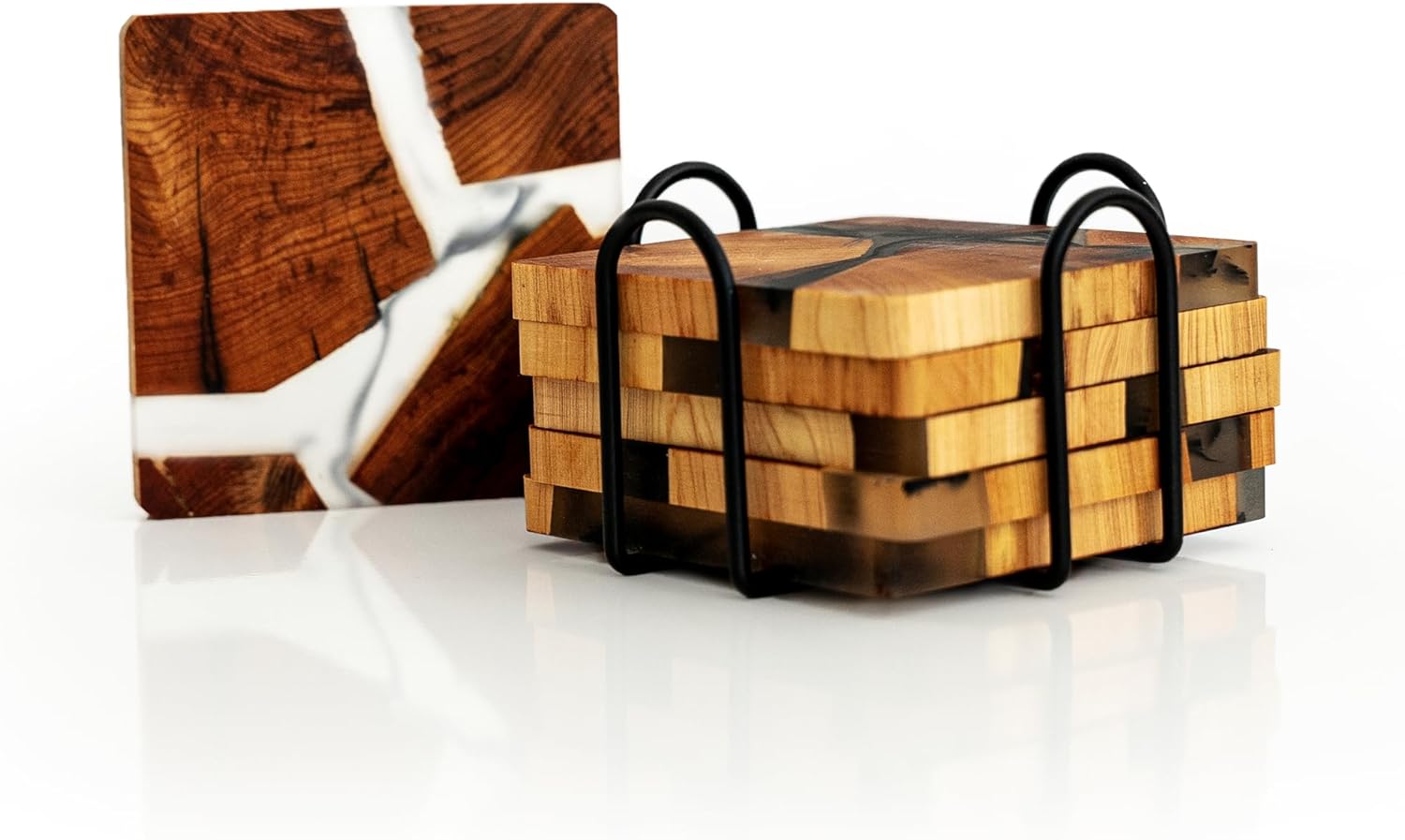 Square Cedar Wood Coasters Set of 6 – Epoxy Resin Drink Coasters – Rustic Cup Coasters Perfect for Coffee Cups, Wine Glasses, Beer Pints – Modern Coaster Set with Cedar Scent – 6 pcs