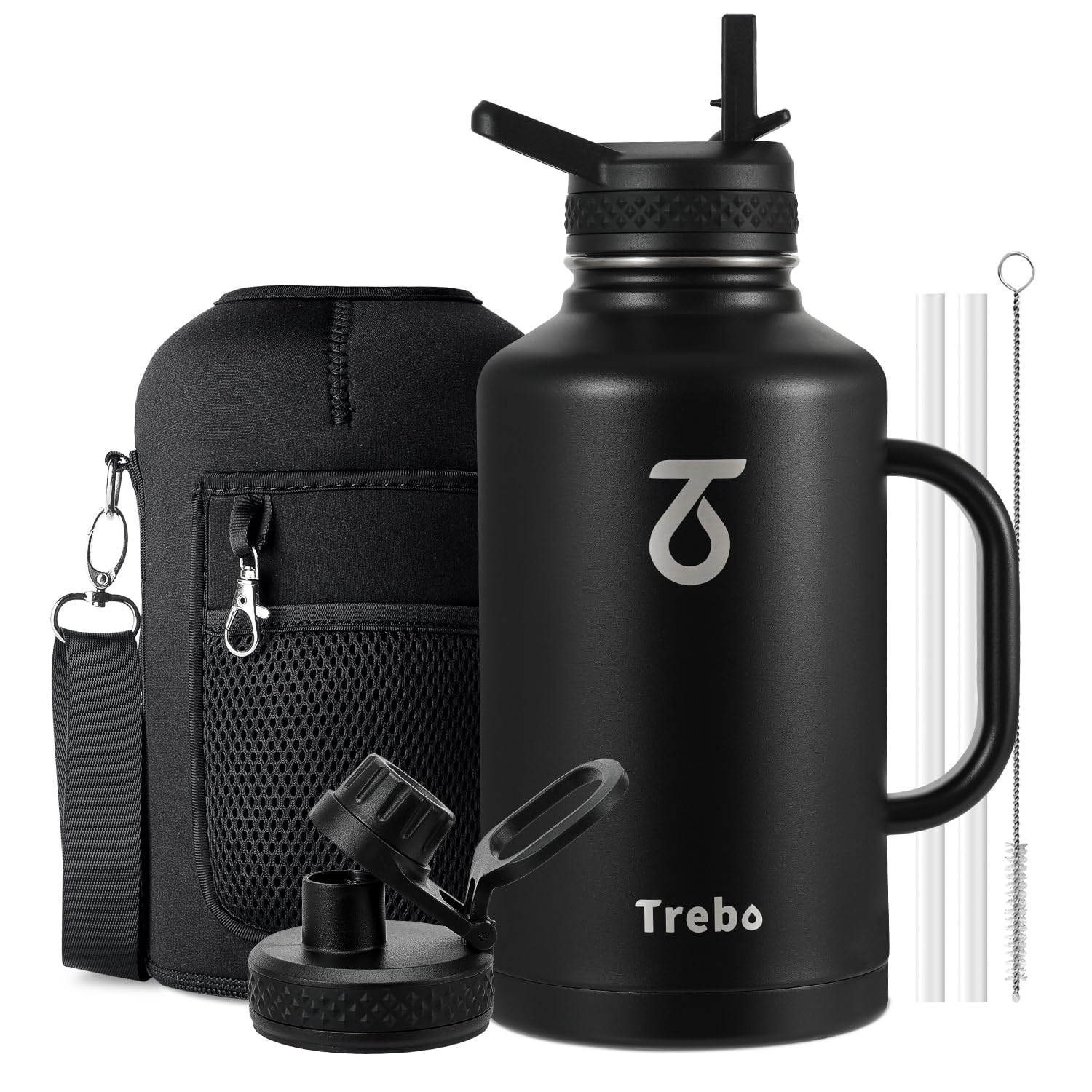 Trebo 64 oz Insulated Water Bottle with Side Handle and Straw Spout Lids