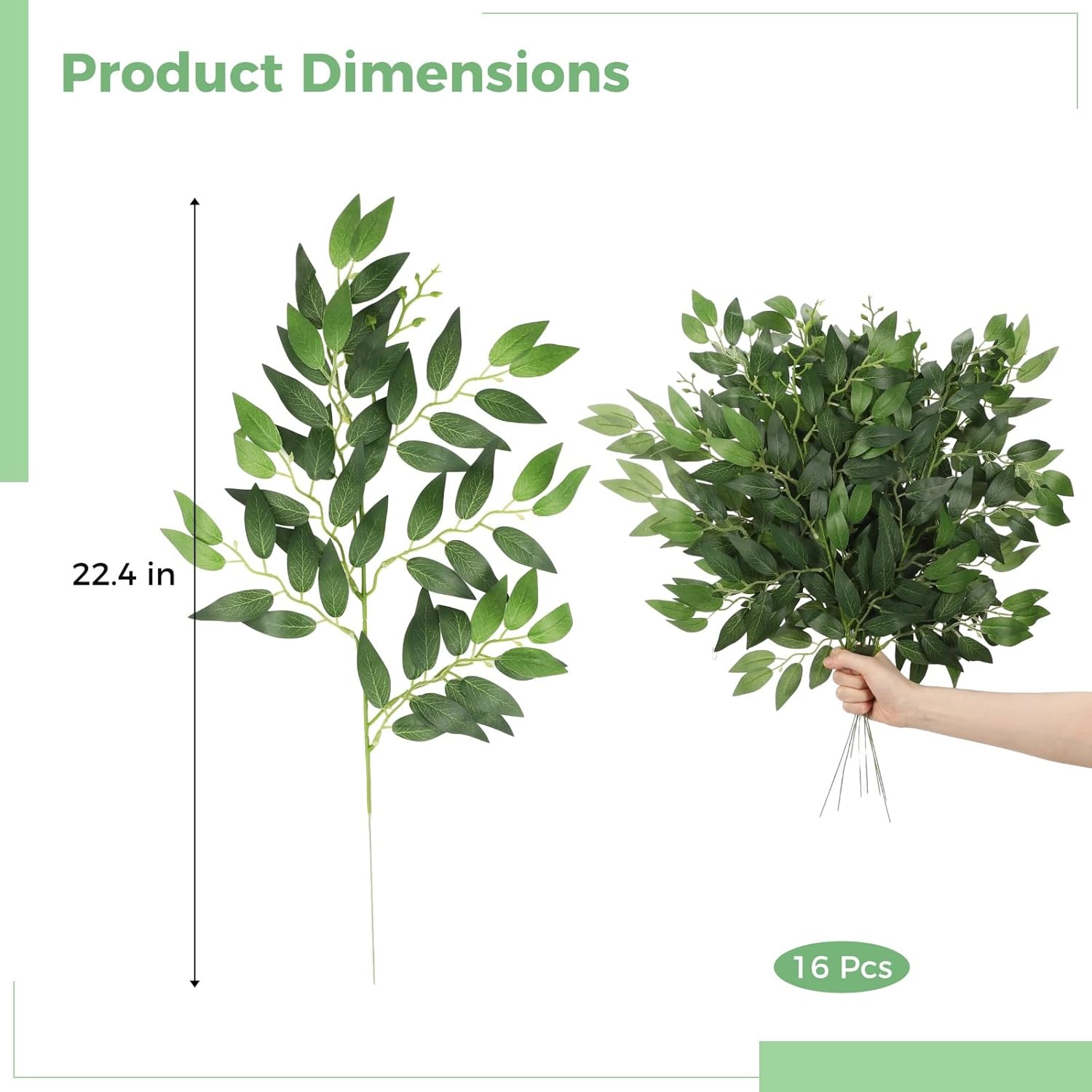 16 Pcs Artificial Greenery Stems, 22.4 in Faux Green Leaves for Floral Arrangements, Realistic Fake Foliage Picks with Bendable Wire for Wedding Bouquets, Table Centerpieces, Vases