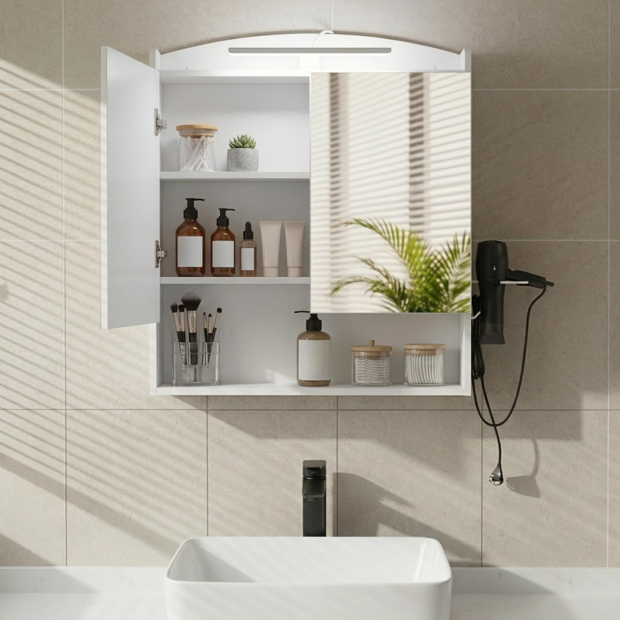 Armario de baño con Espejo e iluminación, 60 cm de Ancho, con enchufes, Ganchos y Soporte para secador de Pelo, Blanco, 60 x 15 x 64,2 cm