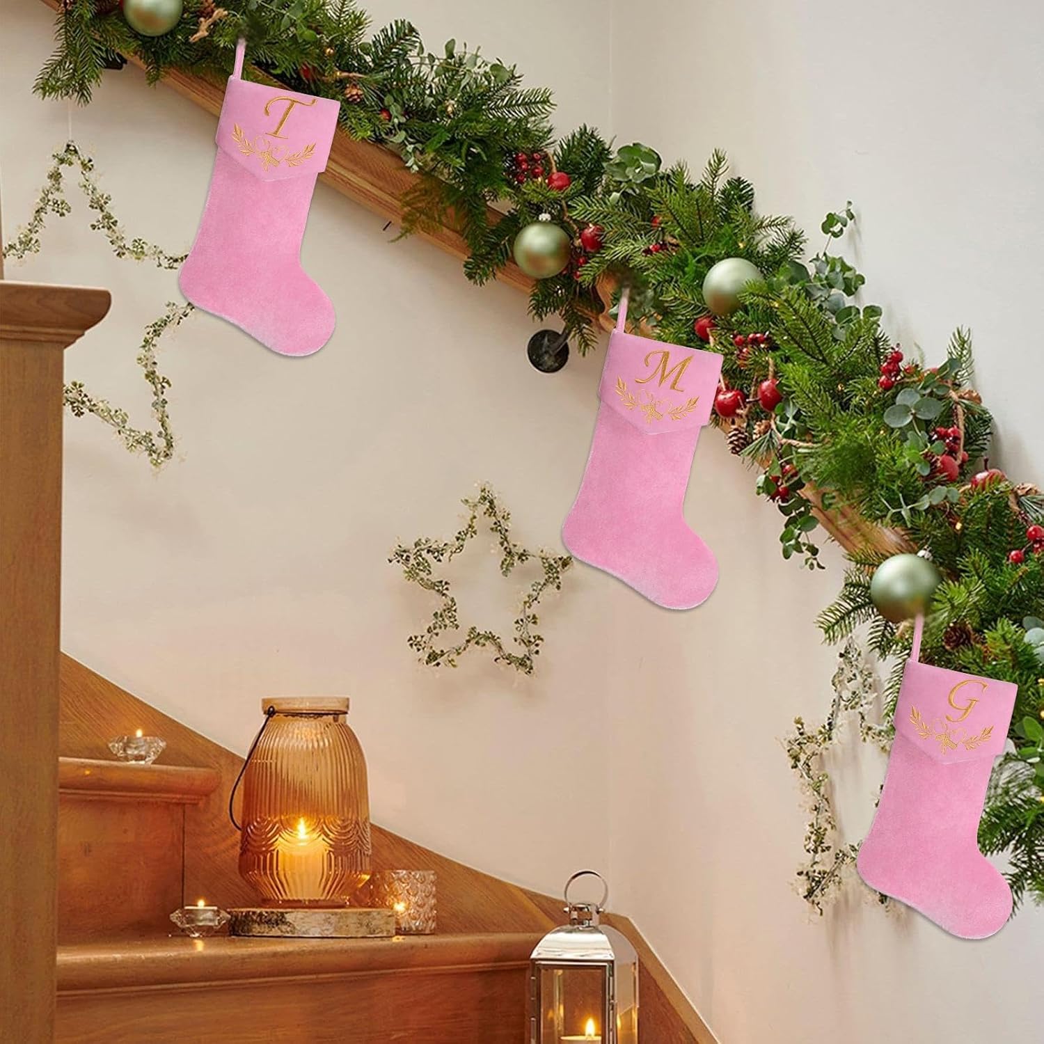 Personalized Velvet Christmas Stockings,19.5 Inches Initial Monogram Christmas Stocking,Embroidered Letter Fireplace Hanging Stockings for Party Decoration and Xmas Gift-Pink A - Image 6