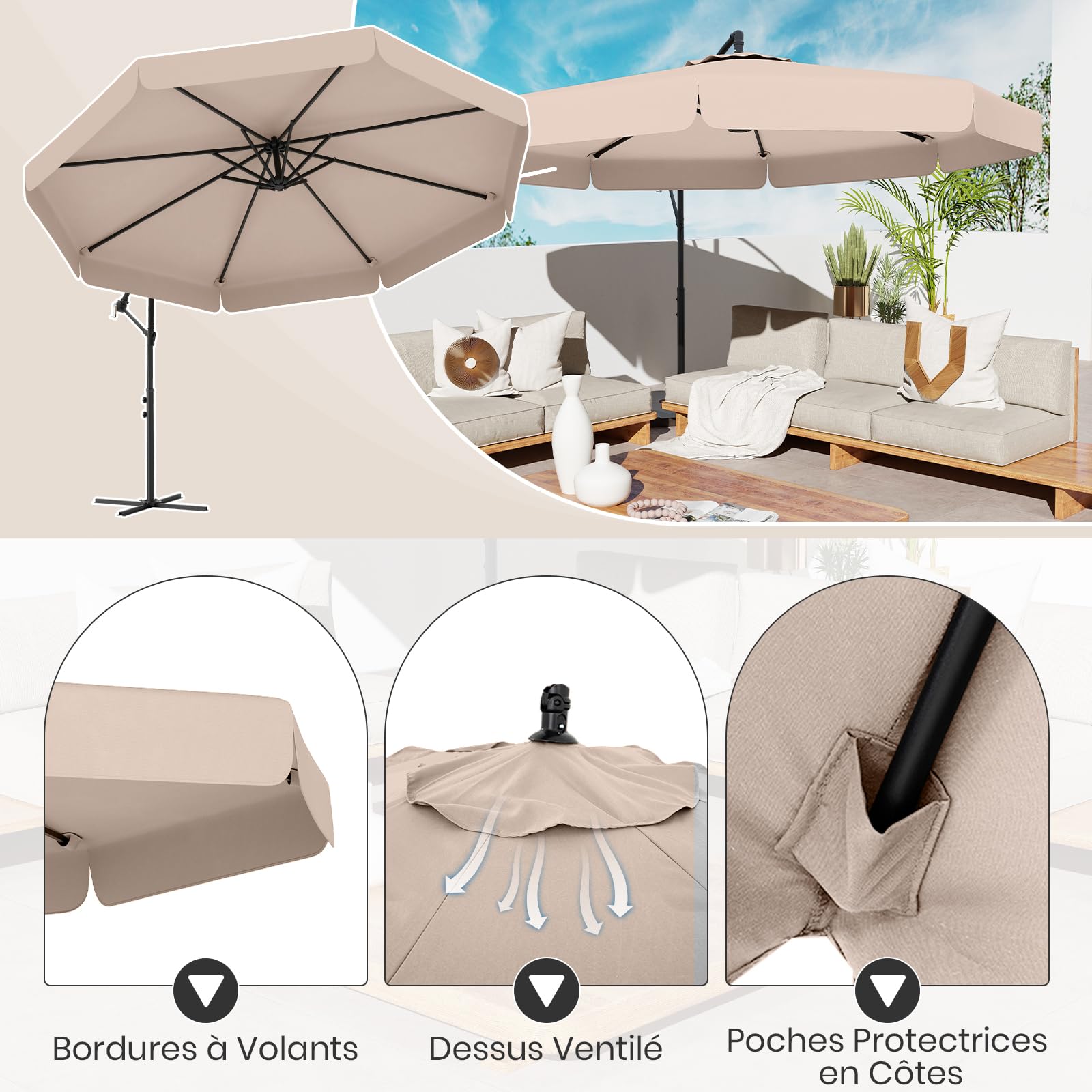 GOPLUS Parasol Déporté 3x3m avec Housse, Grand Parasol de Jardin Exterieur, avec Toile Inclinable 35°, Manivelle et 8 Baleines, pour Terrasse Balcon Patio (Beige)