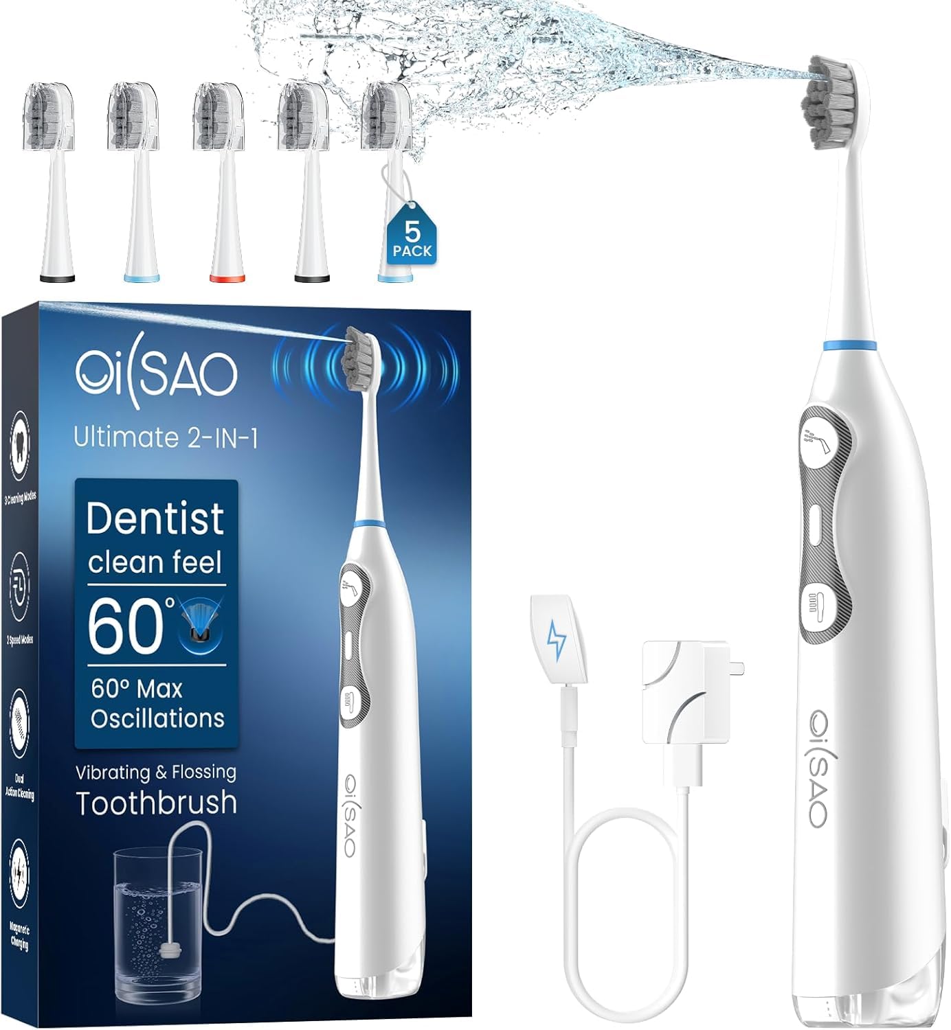 3-in-1 Upgraded Pro Flossing Toothbrush-Flosses, Vibrates and Oscillates(The 1st Tech), Electric Toothbrush with Water Flosser Equipe 5 Brush Heads, Plaque Removal for Sensitivity, Braces-White