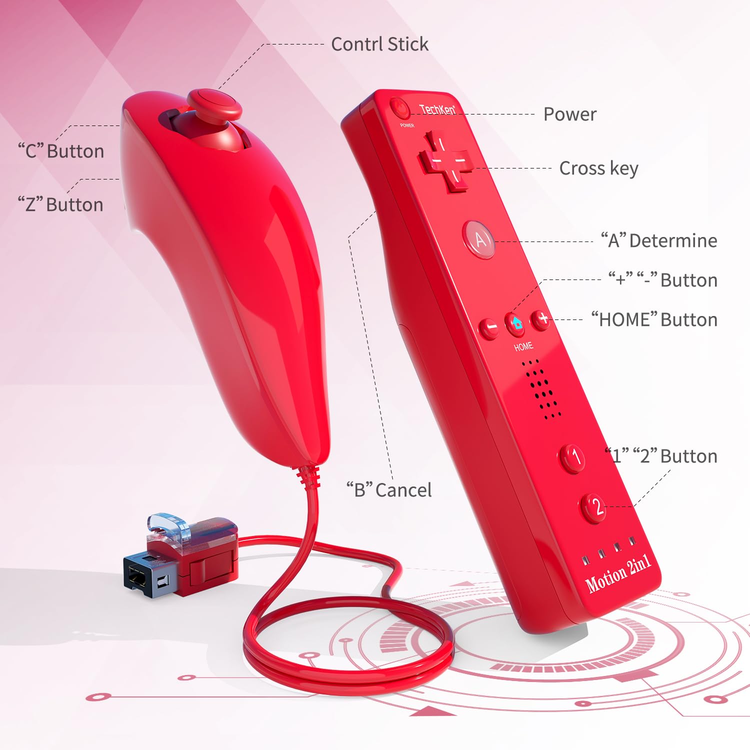 2 set di telecomandi per Wii, telecomando di ricambio integrato Motion Plus Controller e Nunchuck (rosso blu)