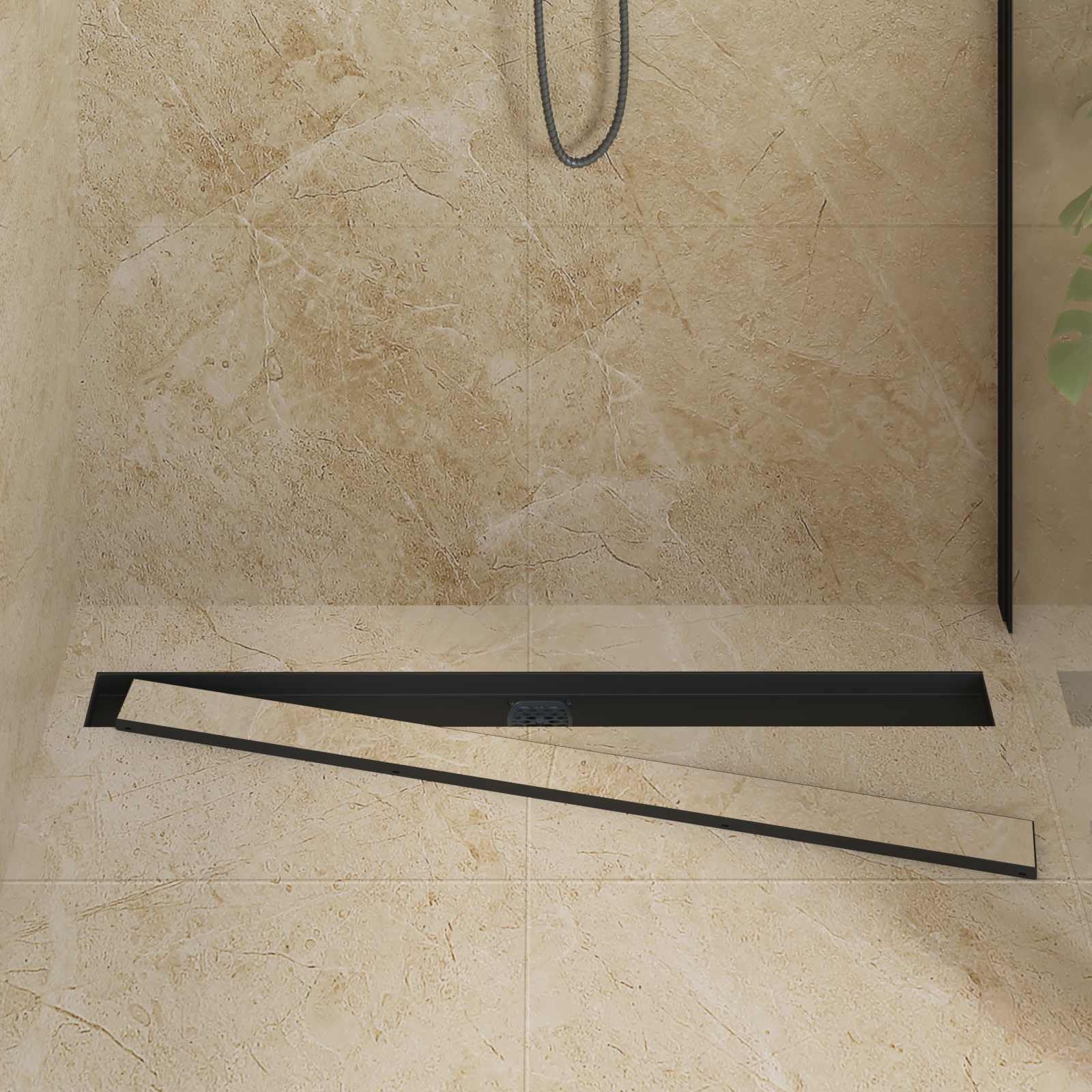 Duschablauf 2-in-1 mit 360° Siphon Schwarz aus Edelstahl 304 100 cm Länge höhenverstellbar mit Sieb und Geruchsverschluss für Dusche Bad und Waschtisch moderner Ablauf