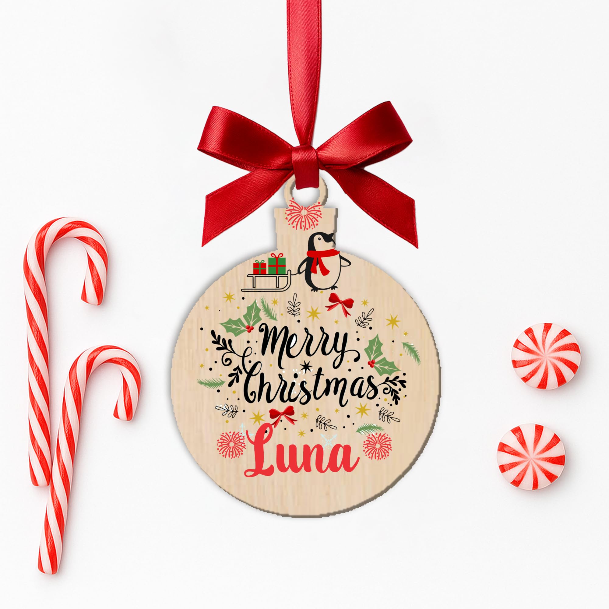 KreateSquare Personalised Christmas Bauble Xmas Tree Decoration with Customised Name and Red Ribbon Round Shaped Baubles | Celebrate Love & Togetherness – Custom Christmas Ornament Keepsake