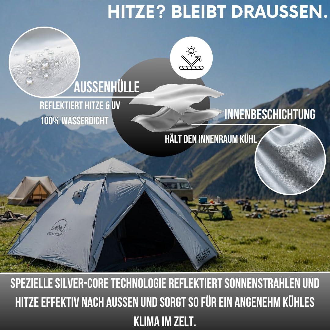 GOALPINE® Atlas IV Wurfzelt Pop-up Zelt für 2-4 große Personen, 100% Wasserdicht, in 40 Sekunden aufgetellt, 3 in 1 für Camping, Festival & Strand, Innen Leicht Verdunkelt