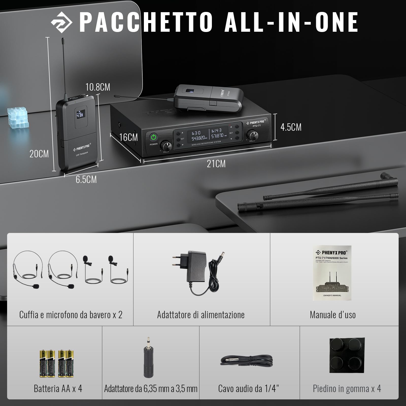 Phenyx Pro Sistema microfono wireless UHF doppio PTU-71-2B | scansione automatica con 2x100 frequenze, 2 bodypack e archetto/da bavero, microfono per cantare, chiesa, DJ