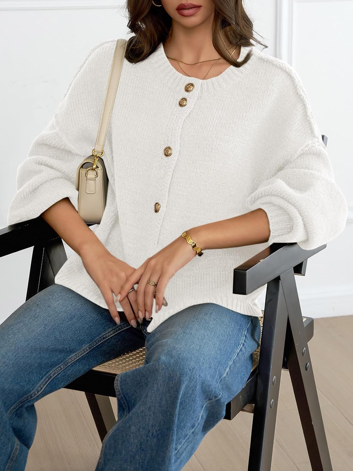 Saodimallsu Womens Oversized Cardigans Button Up Long Lantern Sleeve Chunky Knit Casual Soft Fall Sweater Coats - Image 4