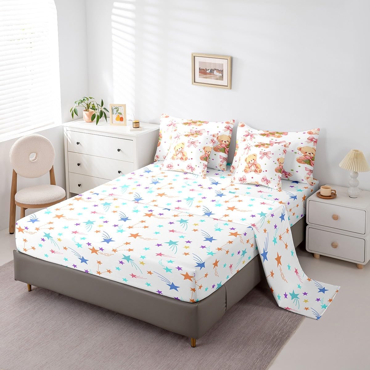 Feelyou Pink Bowknot Bedding Set All Season Queen Size Cute Bear Comforter Set 7 Pieces Dreamy Princess Style Toy Bear Cute Bow Girly Bed in a Bag Flower Bed Set with Comforter, Sheet Set, Pillowcases