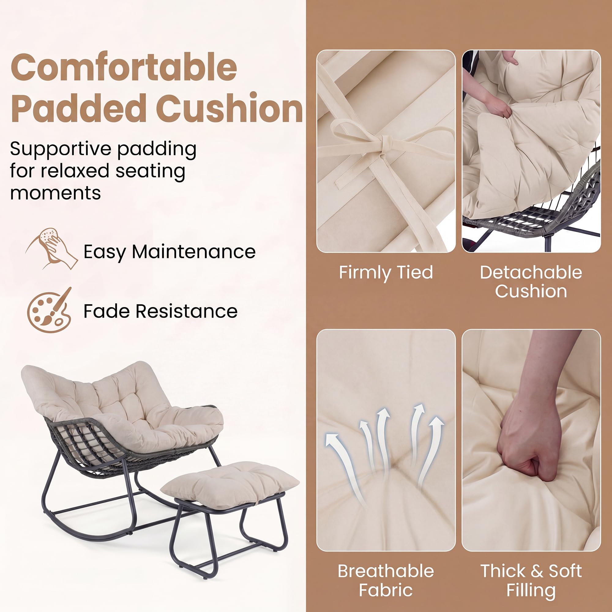 GIANTEX Sedia a Dondolo con Poggiapiedi, Poltrona a Dondolo Ergonomico, Cuscino Morbido e Rimovibile, Sedia a Forma di Uovo con Struttura in Metallo, per Esterno e Interno, Portata 150 kg (Beige)