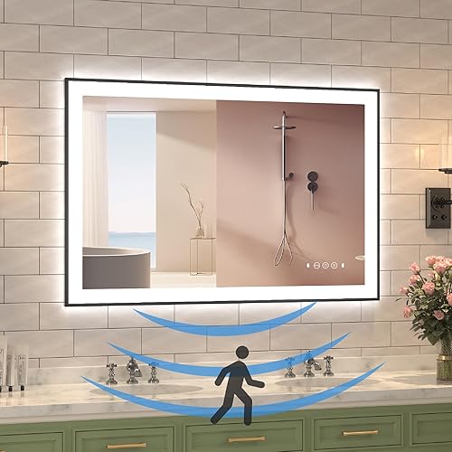 Espejo negro de 48 x 32 pulgadas para baño con luces, espejos LED de tocador de baño, montaje en pared con luz frontal y trasera incorporada,