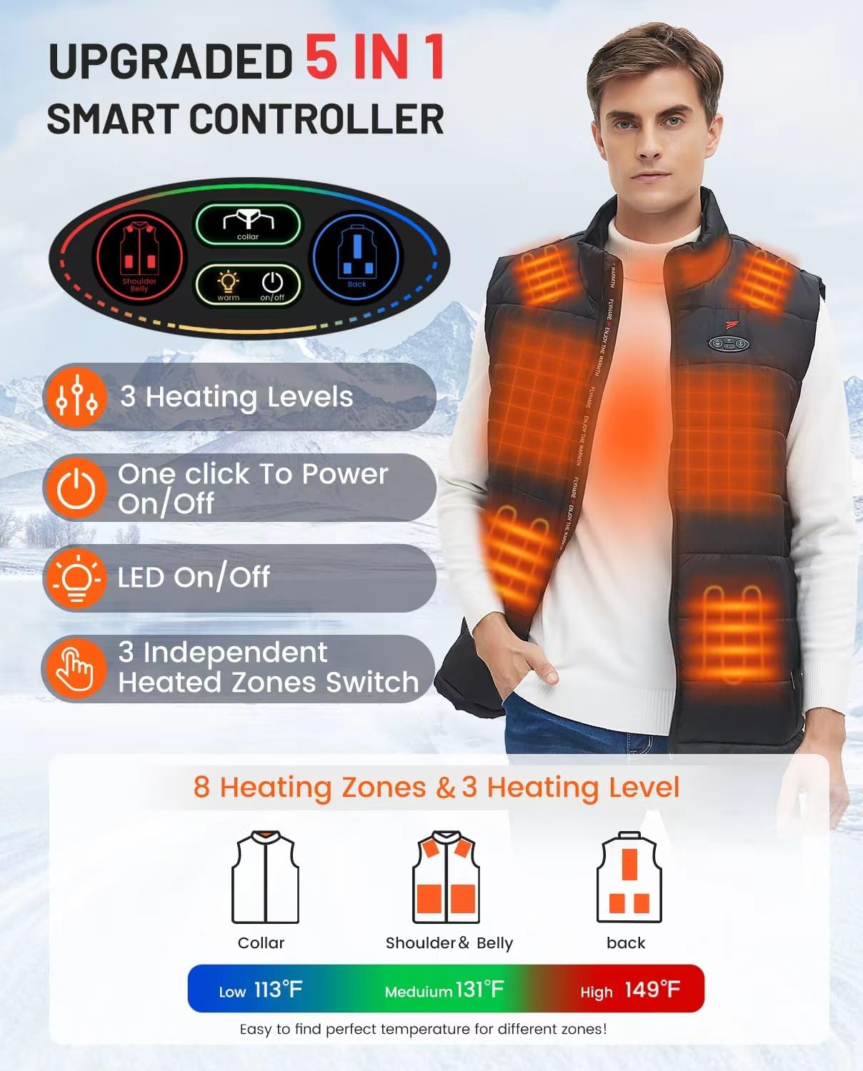 Flyhare Heated Vest for Men with Battery Pack Included 16000mAh 7.4V, Warming Men's Heated Vests Rechargeable Vest Outdoor - Image 2