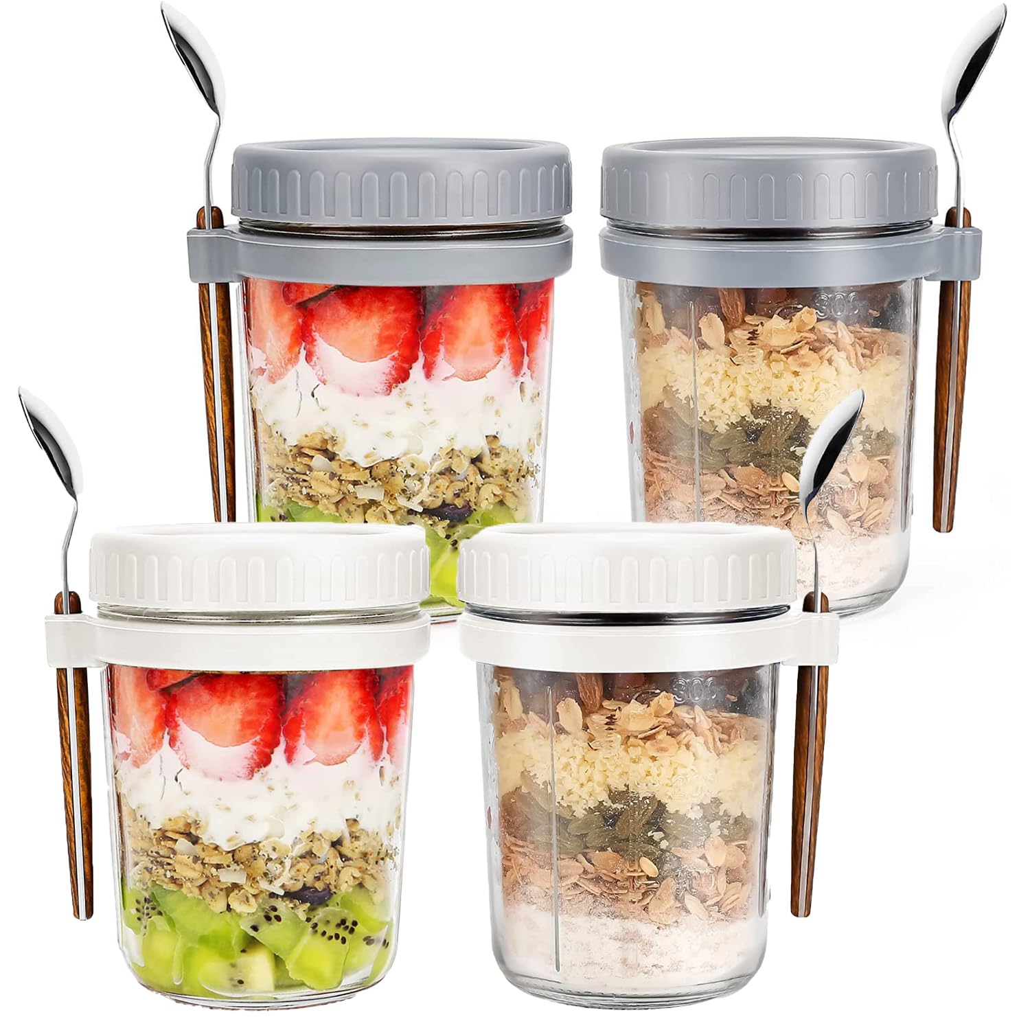 HJB VISSO Glass Jars, Overnight Oats Container with Lid and Spoon [4 Pack], Overnight Oats Jars, 350ml / 10 oz Cereal, Milk, Vegetable and fruit Salad Storage Container with Measurement Marks