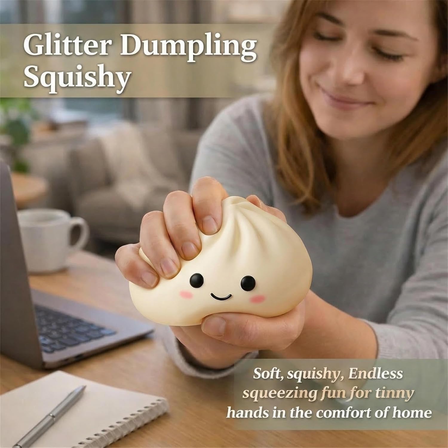 Dumpling Squishies, Glitter Dumpling Squishy Mystery Box, Glitter Steamed Bun Squeeze Toy for Anxiety Relief, Soft TPR Bao Bun Sensory Fidget, Funny Face Dough Ball Party Favors Gifts (Orange, L)