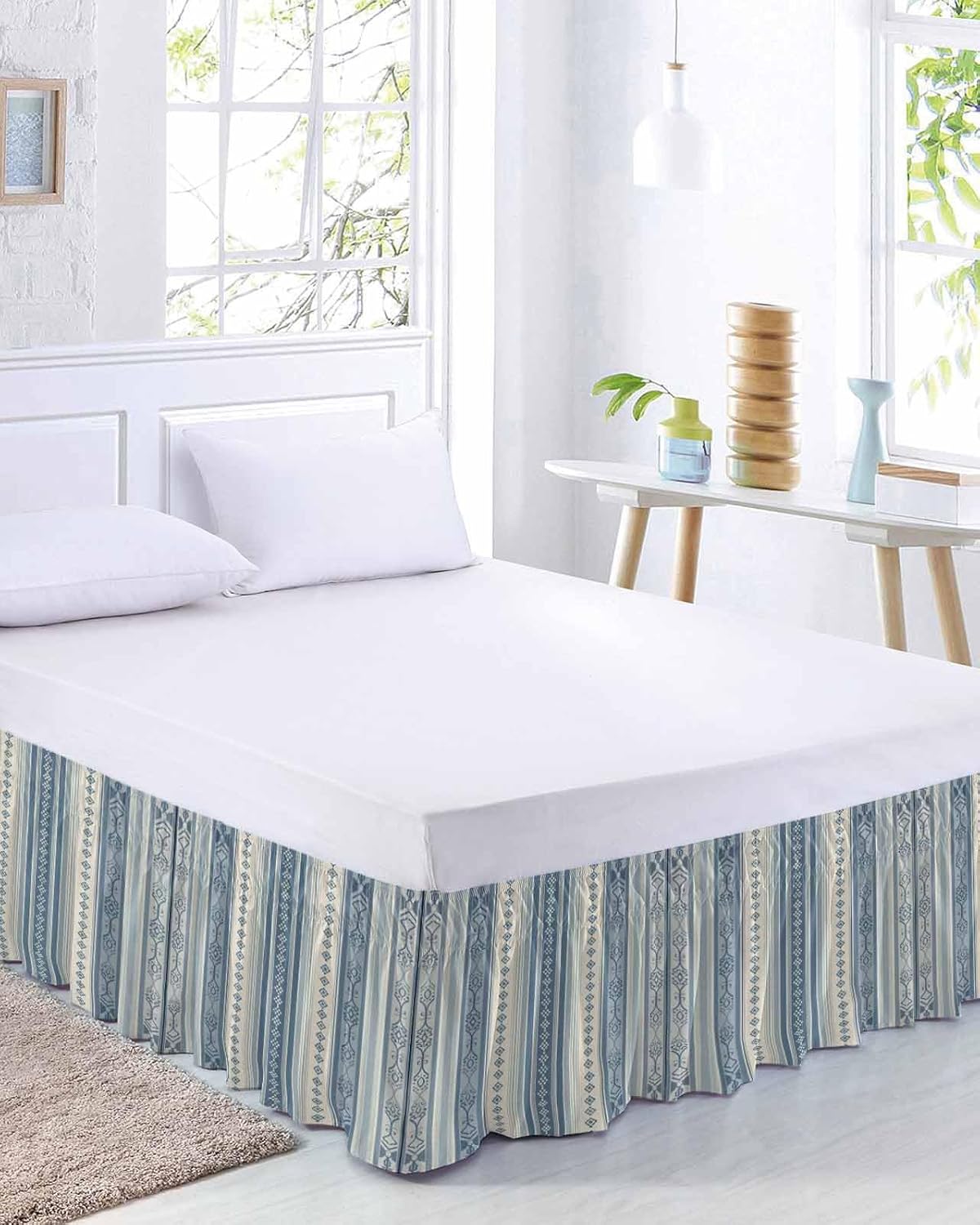Blue Bohemia Stripes,Boho Vintage Flower Line Art Bed Skirt Queen Size 16 Inch Drop, Adjustable & Elastic Wrap Around Bed Skirts Pleated Luxury Dust Ruffles for Twin Full Queen Cal King Base Bed,