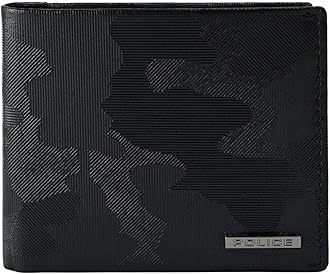 POLICE Men's Genuine Leather Slim Wallet with Coin Purse, Credit Card Holder and Gift Box, Black Camouflage, Modern