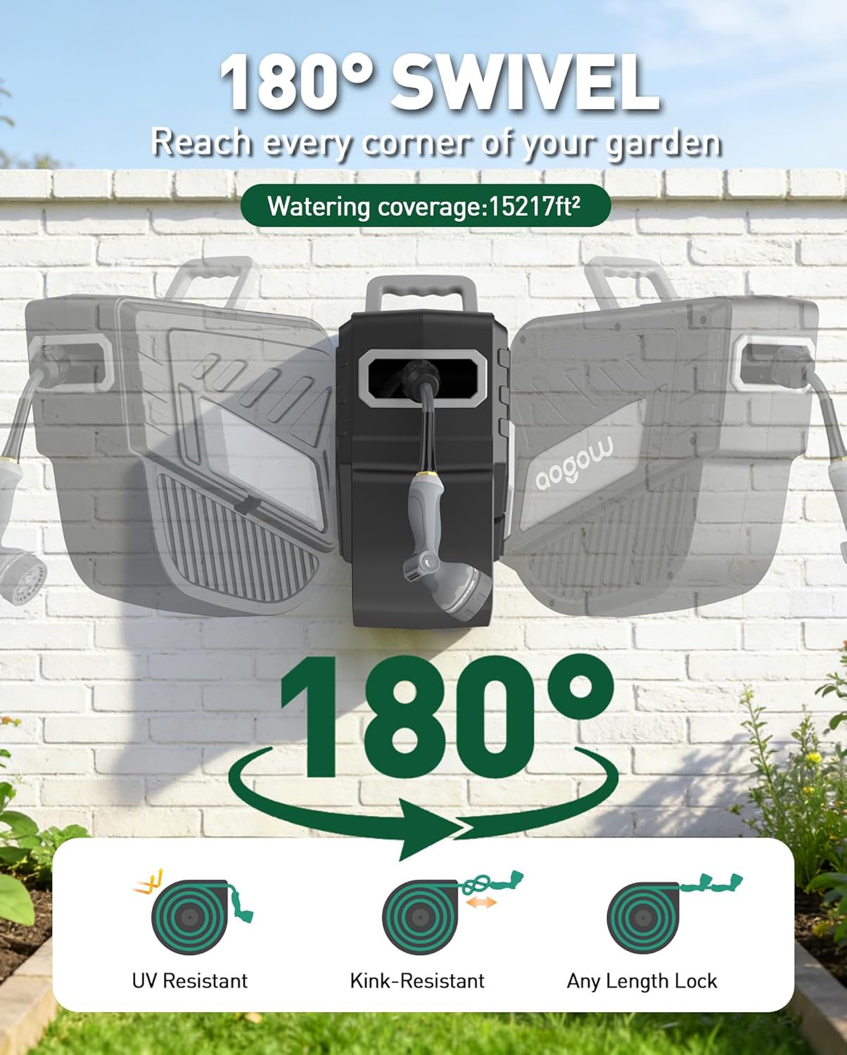 Retractable Garden Hose Reel: 1/2 in x 100 ft Water Hose Reel with 10-Pattern Nozzle, Wall Mount Hose Reels for Outside, Any Length Lock, Brass Fittings, Slow Auto Rewind & 180° Swivel（UV Resistant）