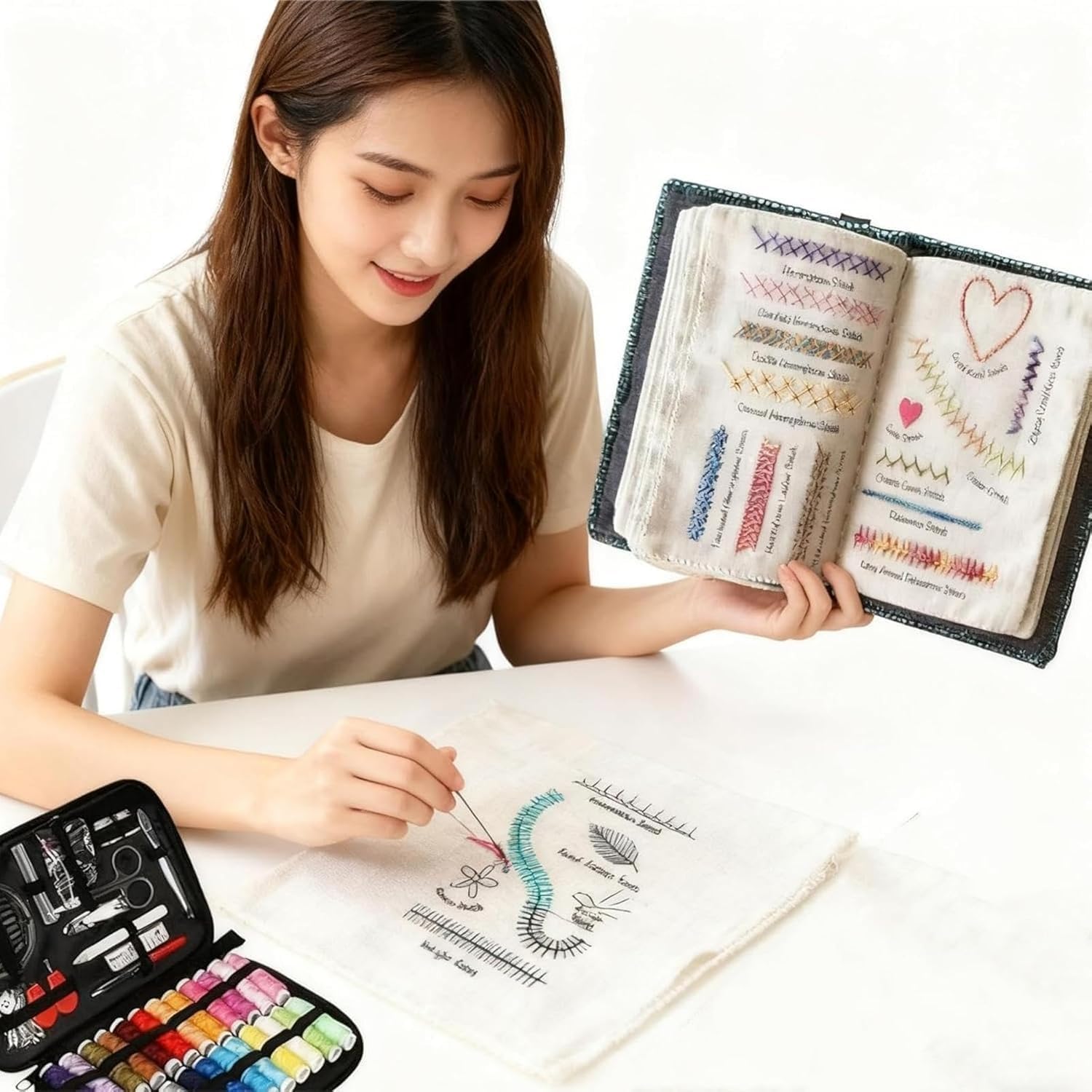 BEBIR New DIY Embroidery Stitch Book Kit,Gift for Craft Lovers,Includes Illustrated Guide to 106 Universal Embroidery Stitches with Free Tutorials and 86-Piece Sewing Tool Kit