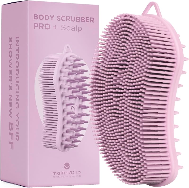 Escova de silicone para corpo MainBasics, dupla face, rosa, para couro cabeludo
