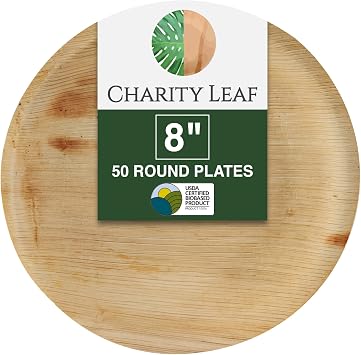 Charity Leaf Disposable Bamboo 8" Round Plates 50 pieces Bamboo Serving Platters, Disposable Boards, Eco-Friendly Dinnerware For Weddings, Catering, Events