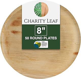Charity Leaf Disposable Palm Leaf 8" Round Plates (50 pieces) Bamboo Like Serving Platters, Disposable Boards, Eco-Friendly Dinnerware For Weddings, Catering, Events