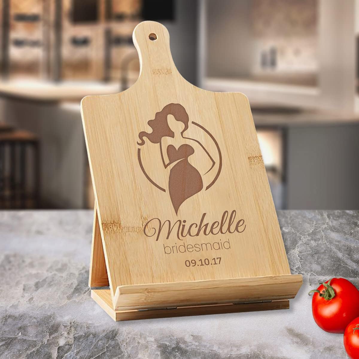 CenterGifts Personalized Bridesmaid Bamboo Standing Chef's Easel, Custom Recipe Cookbook Holder