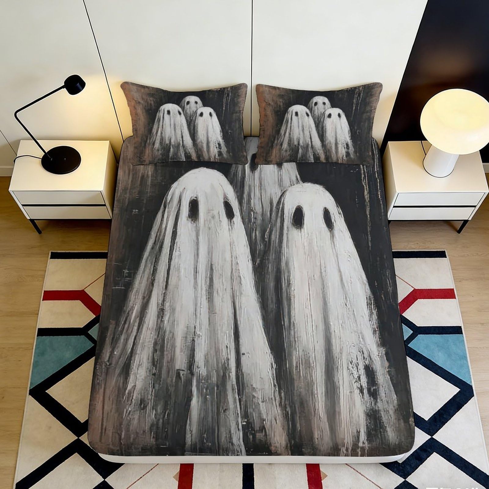 3D Printed Ghost Theme Fitted Sheet Microfiber Deep Pocket Bedroom Bedding Ghost Mattress Fitted Cover Non-Slip for Adults Teens 90x200x25cm