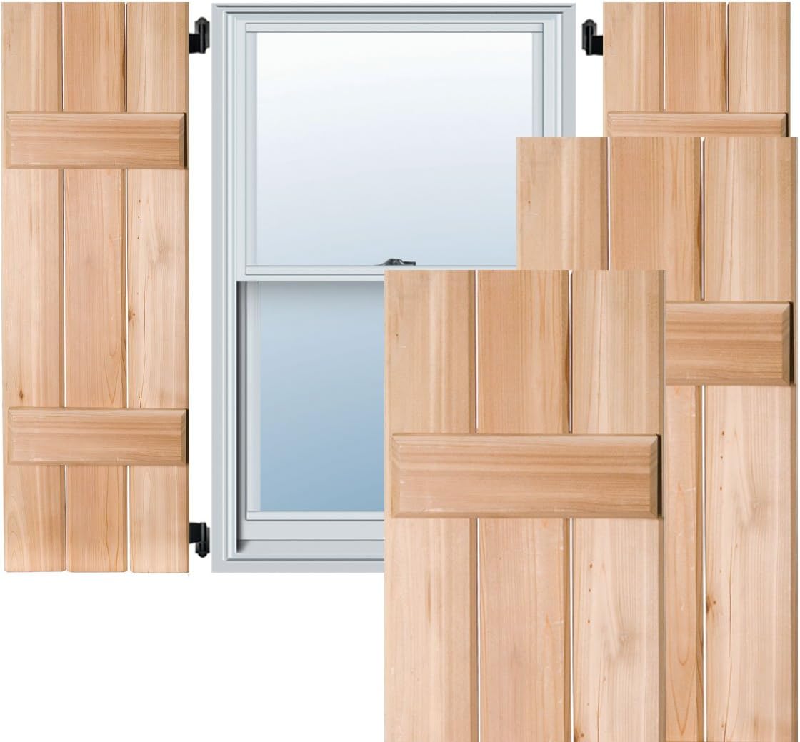 Ekena Millwork RWB12X060UNP Exterior Three Board Real Wood Pine Board-n-Batten Shutters (Per Pair), 12" x 60", Unfinished