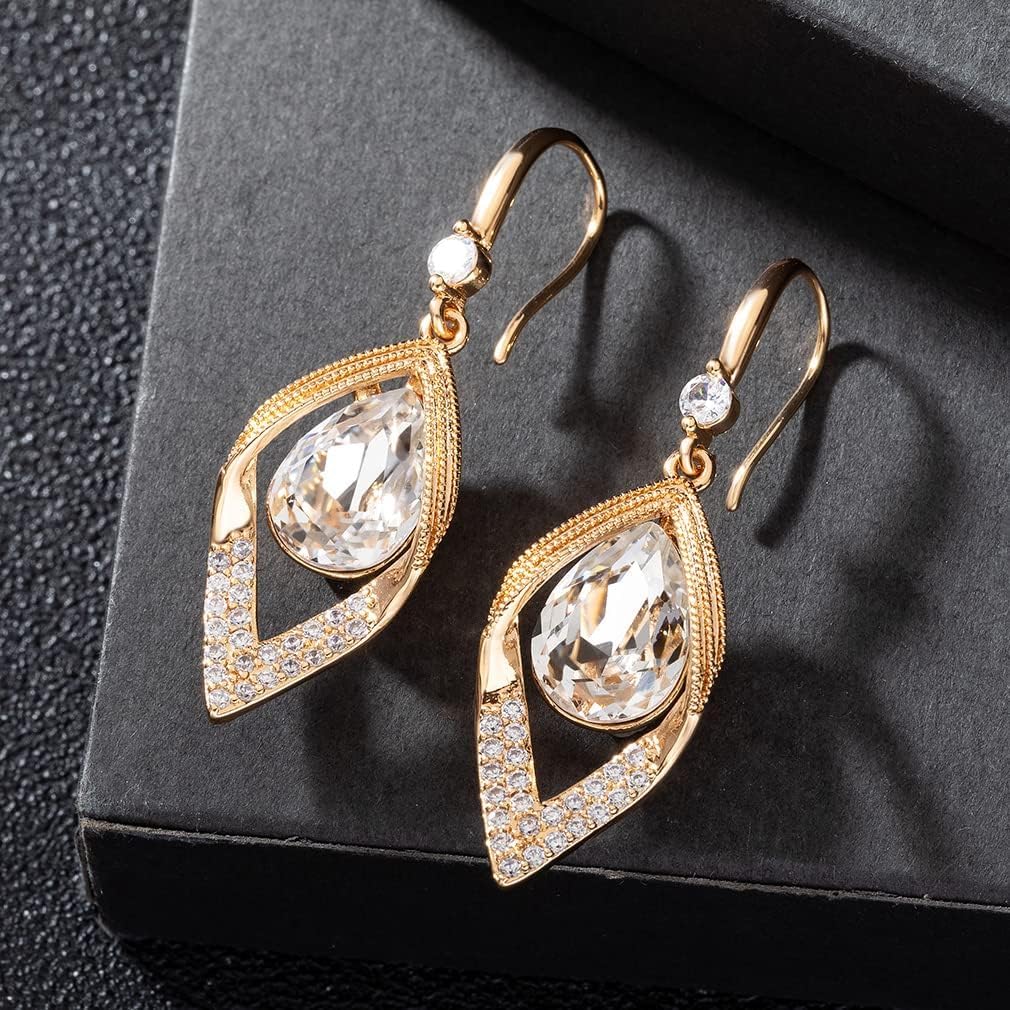 Austrian Crystal Teardrop Hollow Leaf Drop Dangle Earrings for Women 14K Rose Gold Plated Hypoallergenic Jewelry - Image 8