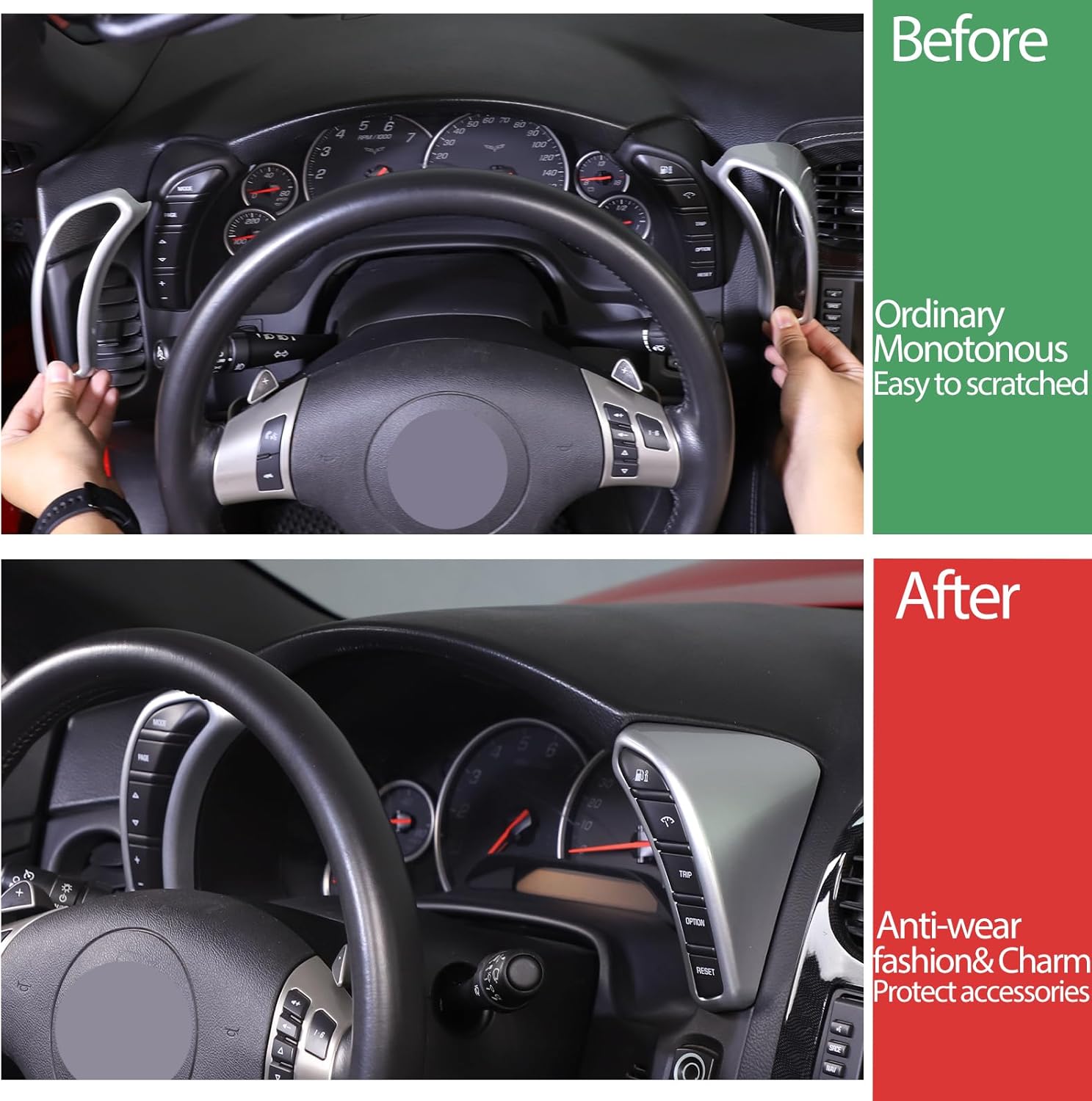 Dashboard Button Cover Trim Compatible with Chevy Corvette C6 2005-2013, Speedometer Bezel Cover Trim Frame Interior Accessories(Silver)