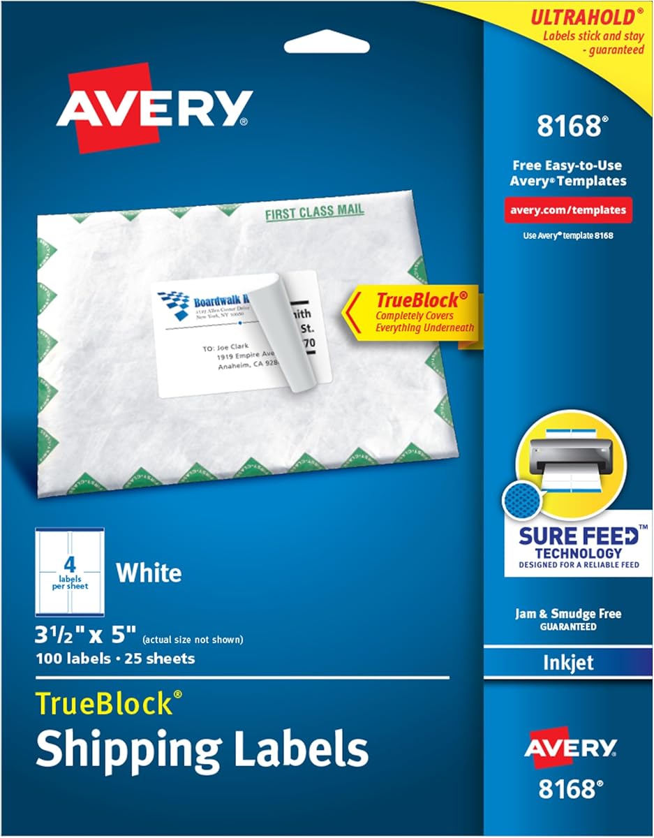Printable Shipping Labels with Sure Feed, 3.5" x 5", White, 100 Blank Mailing Labels (8168)