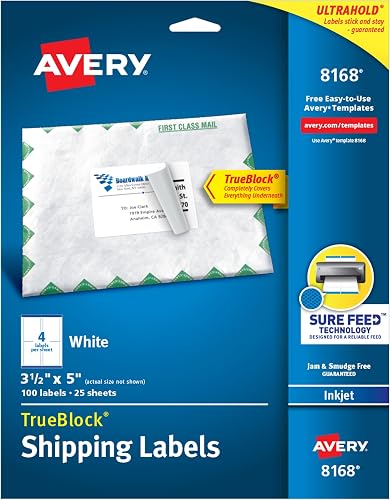 Avery Shipping Address Labels, Inkjet Printers, 100 Labels,3-1/2 x 5, Permanent Adhesive,White, 5 Packs (8168)