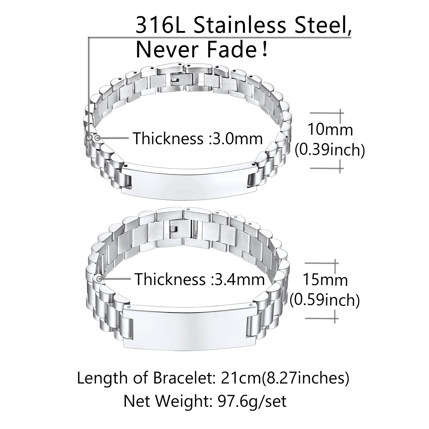 Richsteel Esclavas Pulseras Personalizables de Correa Metálicas con Accesorios para Eliminar Eslabones, 10mm / 15mm Ancho, 21cm Largo