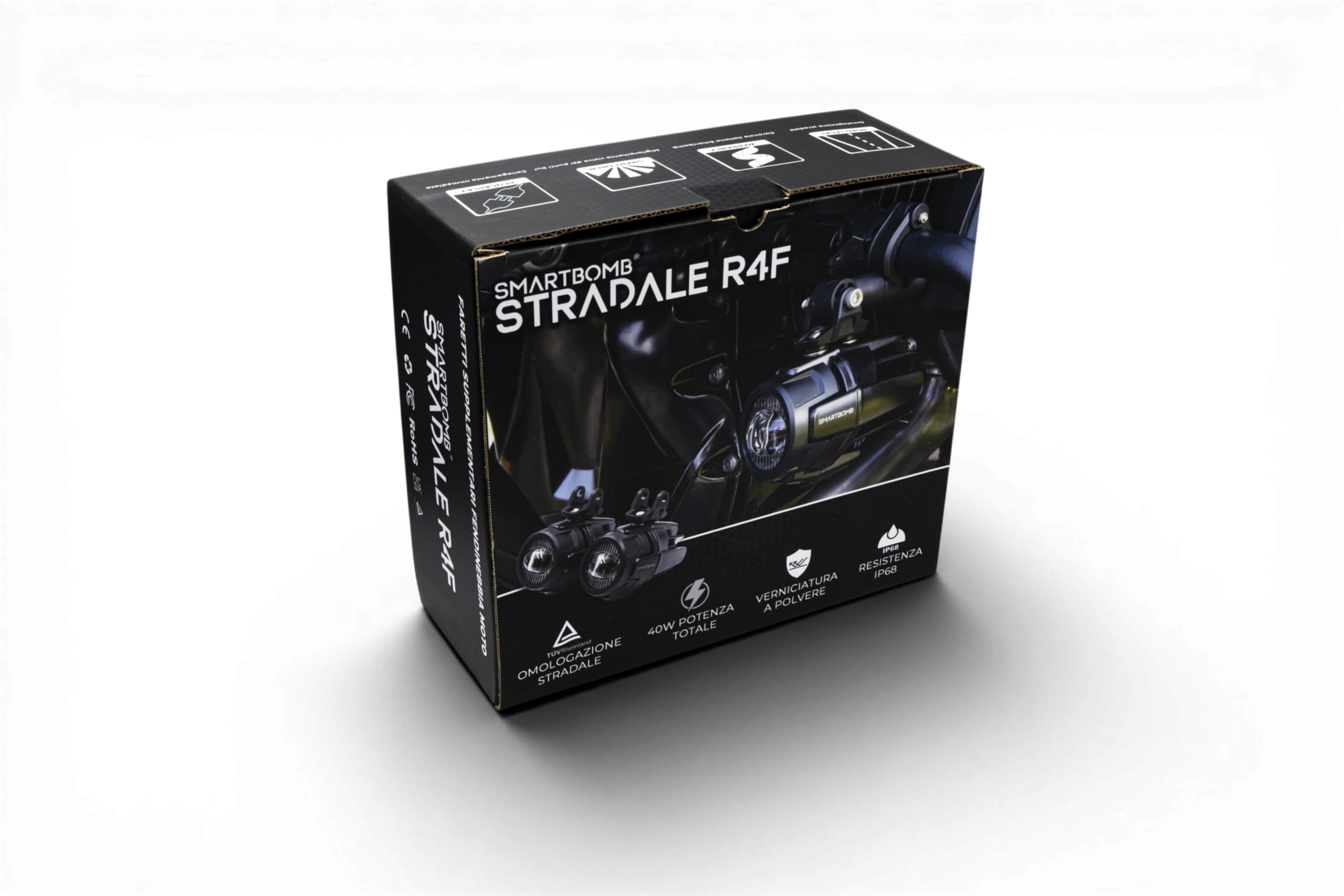 Smartbomb FARETTI SUPPLEMENTARI FLOOD ANTINEBBIA 40W LED Omologati europa strada pubblica certificato tuv r4f stradale cablaggio premium doppio pulsante ip68