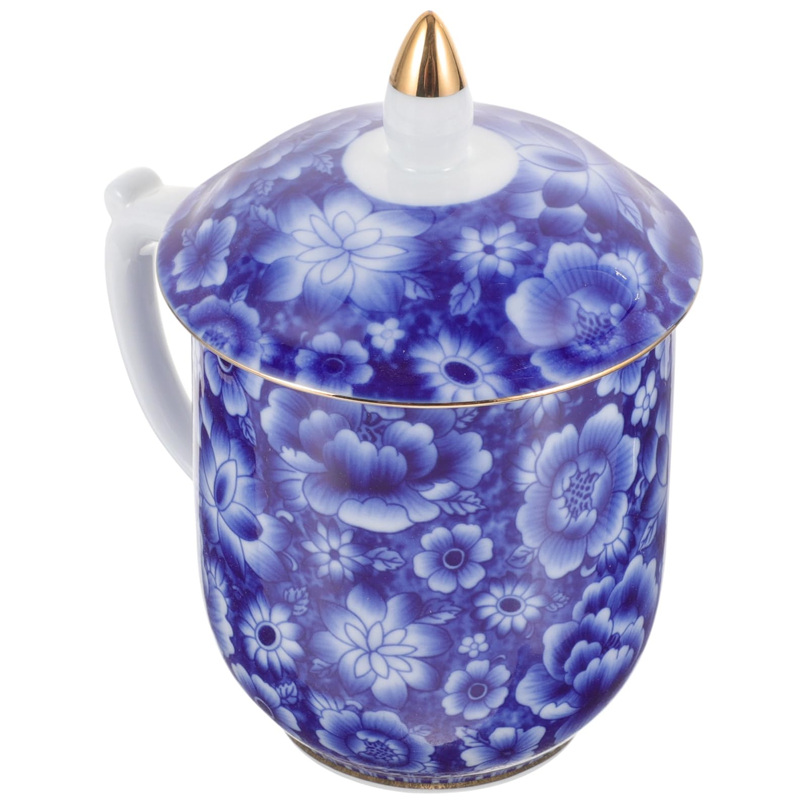 NUOBESTY Elegante Chinesische Teetasse aus Keramik mit Deckel und Sieb Vintage Teebecher für Büro und Studentenwohnheim Feine Details Blauer Klassischer Stil