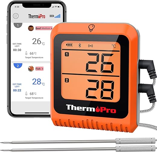 ThermoPro TP25H2 Küchenthermometer mit Timer und Alarmfunktion, 150 Meter, Empfängt Bluetooth, Thermometer für Fleisch, Grill, Ofen