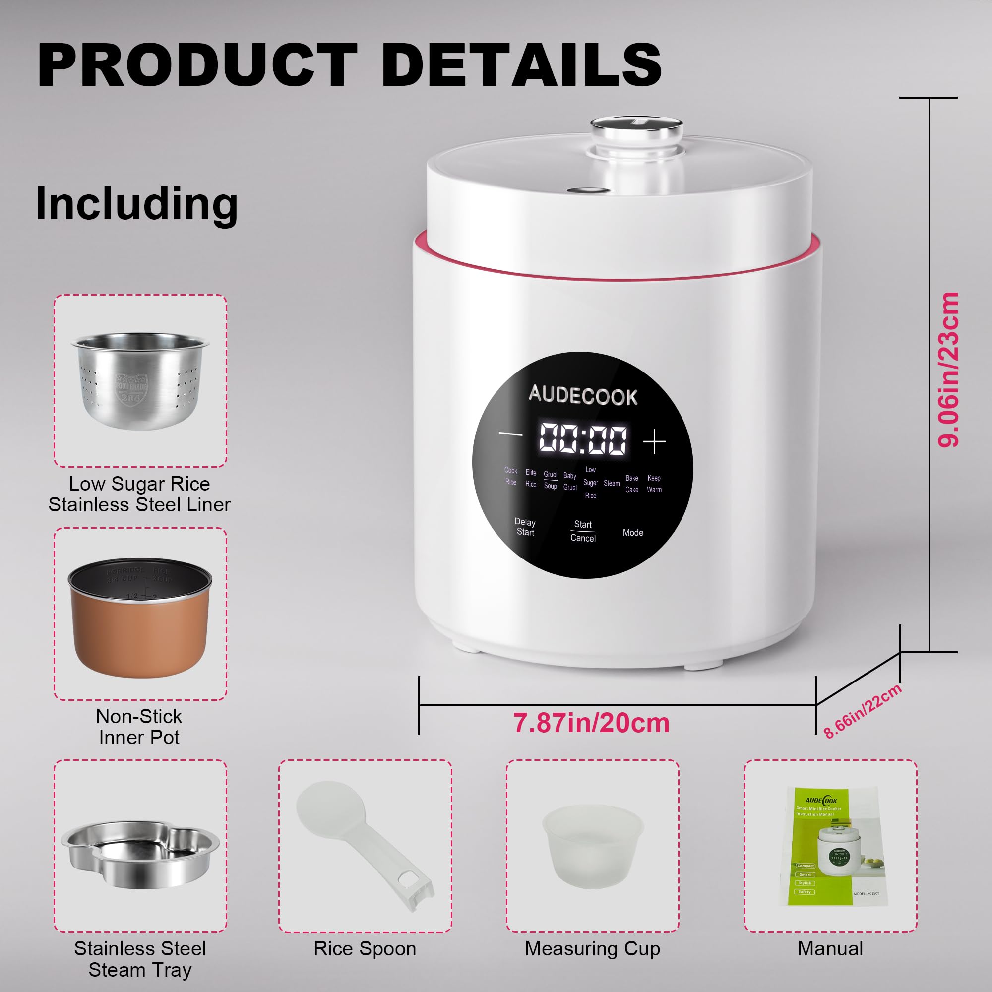 Audecook Kuchenka do ryżu 1,5 l z funkcją niskiego węgla i parownikiem, 7-funkcyjna mini kuchenka do ryżu, cyfrowy multicooker, timer, utrzymywanie ciepła na ekranie LED (biały)
