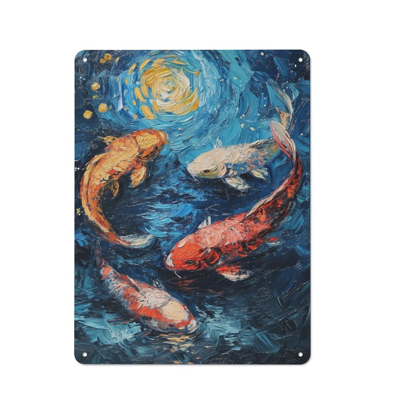 Junmoney Style-4 Tin Wall Plaque 40X30cm With Koi Fish Impressionist Painting For Garage Wall, With Clear Vintage Wall Decor Character