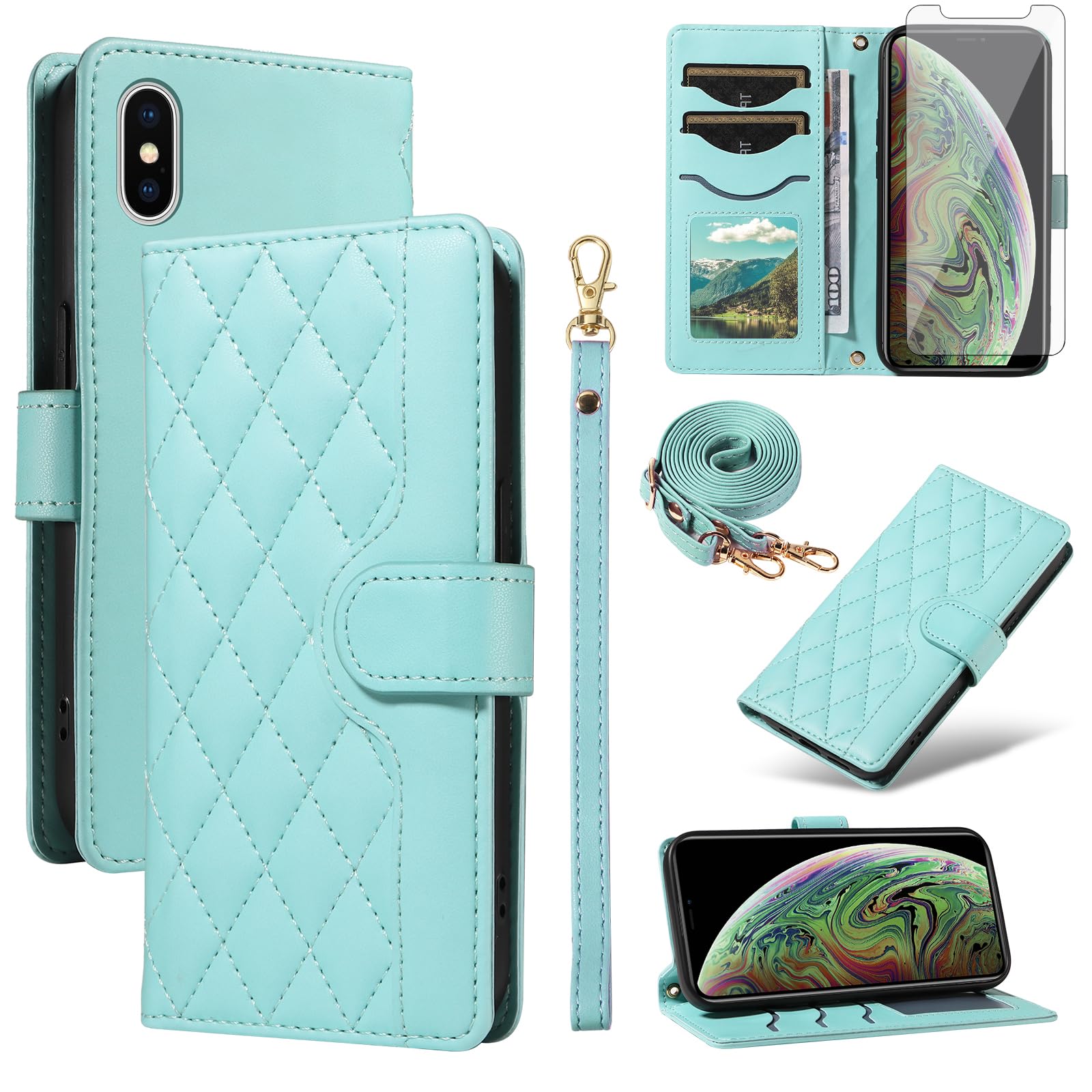 Asuwish Phone Case for iPhone Xs X 10 10s Wallet Cover with Screen Protector and Wrist Strap Lanyard Card Holder Slot Stand Cell iPhoneX iPhoneXs iPhone10 i PhoneX SX 10x 10xs X’s Women Men Green